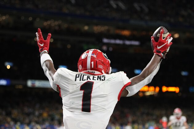 NEW ORLEANS, LOUISIANA - JANUARY 01: George Pickens #1 of the Georgia Bulldogs reacts after scoring a touchdown against the Baylor Bears during the Allstate Sugar Bowl at Mercedes Benz Superdome on January 01, 2020 in New Orleans, Louisiana. (Photo by Chris Graythen/Getty Images) NEW ORLEANS, LOUISIANA - JANUARY 01: George Pickens #1 of the Georgia Bulldogs reacts after scoring a touchdown against the Baylor Bears during the Allstate Sugar Bowl at Mercedes Benz Superdome on January 01, 2020 in New Orleans, Louisiana. (Photo by Chris Graythen/Getty Images)