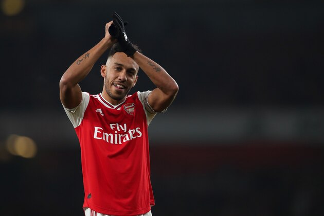 LONDON, ENGLAND - JANUARY 01: Pierre-Emerick Aubameyang of Arsenal at full time of the Premier League match between Arsenal FC and Manchester United at Emirates Stadium on January 1, 2020 in London, United Kingdom. (Photo by James Williamson - AMA/Getty Images)