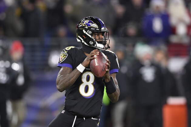 Baltimore Ravens quarterback Lamar Jackson (8) looks to pass during the second half of an NFL football game against the New York Jets, Thursday, Dec. 12, 2019, in Baltimore. (AP Photo/Nick Wass)