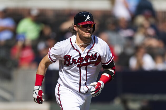 Atlanta Braves' Josh Donaldson runs the first base line during a baseball game against the Toronto Blue Jays, Monday, Sept. 2, 2019, in Atlanta. (AP Photo/John Amis)