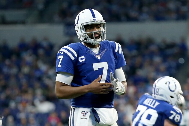 INDIANAPOLIS, INDIANA - DECEMBER 22: Jacoby Brissett #7 of the Indianapolis Colts calls a timeout in the game against the Carolina Panthers at Lucas Oil Stadium on December 22, 2019 in Indianapolis, Indiana. (Photo by Justin Casterline/Getty Images)