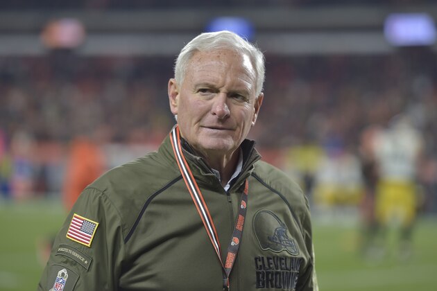 Cleveland Browns owner Jimmy Haslam reacts on the sideline after watching the Browns and Pittsburgh Steelers scuffle late in the fourth quarter of an NFL football game, Thursday, Nov. 14, 2019, in Cleveland. The Browns won 21-7. (AP Photo/David Richard)