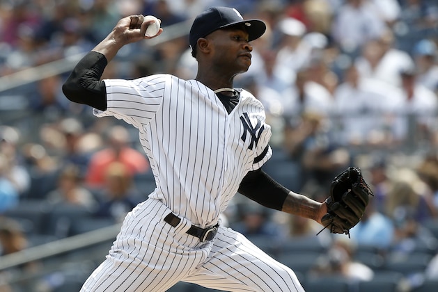 NEW YORK, NEW YORK - AUGUST 31:   Domingo German #55 of the New York Yankees in action against the Oakland Athletics at Yankee Stadium on August 31, 2019 in New York City.  The Yankees defeated the A's 4-3 in eleven innings. (Photo by Jim McIsaac/Getty Images)