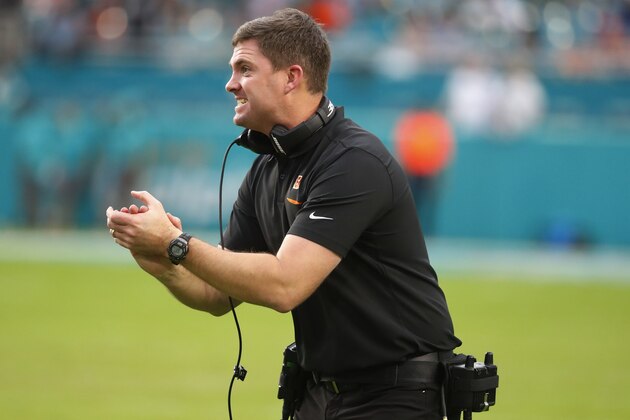 Cincinnati Bengals head coach Zac Taylor yells from the sidelines, during overtime at an NFL football game, Sunday, Dec. 22, 2019, in Miami Gardens, Fla. The Dolphins defeated the Begals 38-35. (AP Photo/Wilfredo Lee)
