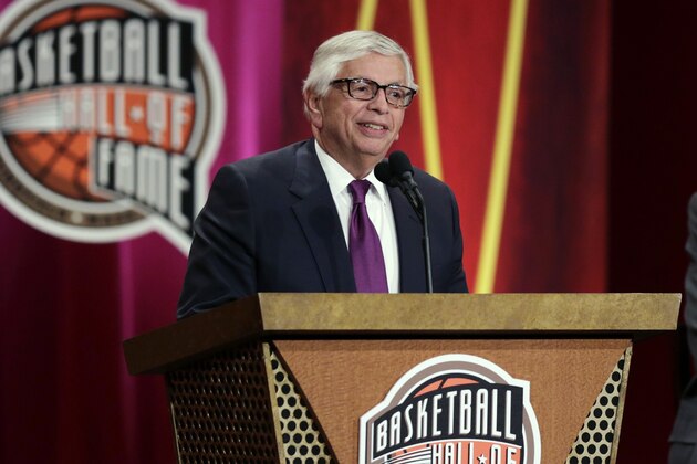 Former NBA Commissioner David Stern speaks during his induction to the Basketball Hall of Fame in Springfield, Mass., Friday, Aug. 8, 2014. (AP Photo/Charles Krupa)