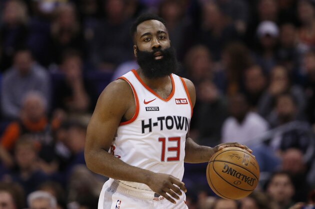 Houston Rockets guard James Harden dribbles the ball against the Phoenix Suns during the first half of an NBA basketball game Saturday, Dec. 21, 2019, in Phoenix. The Rockets defeated the Suns 139-125. (AP Photo/Ross D. Franklin) Houston Rockets guard James Harden dribbles the ball against the Phoenix Suns during the first half of an NBA basketball game Saturday, Dec. 21, 2019, in Phoenix. The Rockets defeated the Suns 139-125. (AP Photo/Ross D. Franklin)