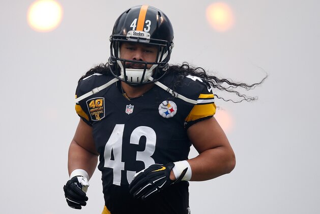 PITTSBURGH, PA - NOVEMBER 30:  Troy Polamalu #43 of the Pittsburgh Steelers is introduced prior to the game against the New Orleans Saints at Heinz Field on November 30, 2014 in Pittsburgh, Pennsylvania.  (Photo by Gregory Shamus/Getty Images)
