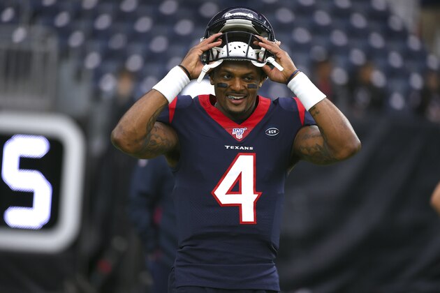 Houston Texans quarterback Deshaun Watson (4) warms up before an NFL football game against the Tennessee Titans Sunday, Dec. 29, 2019, in Houston. (AP Photo/Eric Christian Smith)