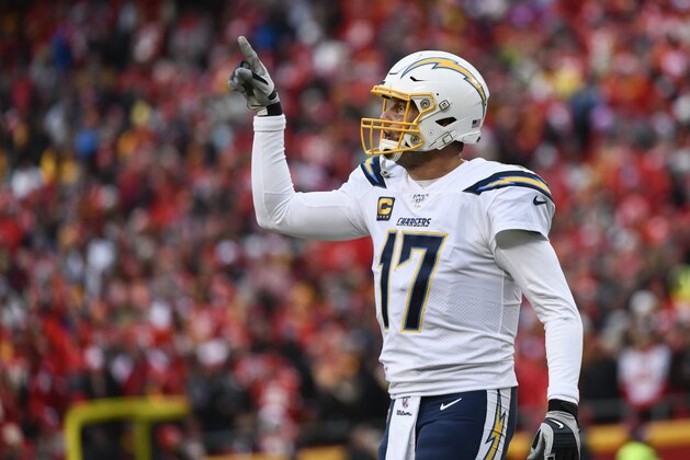 Los Angeles Chargers quarterback Philip Rivers (17) signals to the bench during the first half of an NFL football game against the Kansas City Chiefs in Kansas City, Mo., Sunday, Dec. 29, 2019. (AP Photo/Reed Hoffmann)