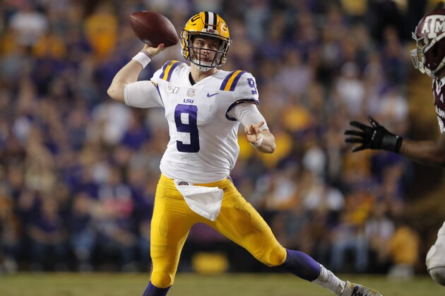 LSU quarterback Joe Burrow throws a pass during the second half of the team's NCAA college football game against Texas A&M in Baton Rouge, La., Saturday, Nov. 30, 2019. LSU won 50-7. (AP Photo/Gerald Herbert) LSU quarterback Joe Burrow throws a pass during the second half of the team's NCAA college football game against Texas A&M in Baton Rouge, La., Saturday, Nov. 30, 2019. LSU won 50-7. (AP Photo/Gerald Herbert)
