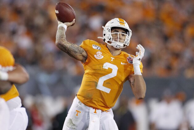 JACKSONVILLE, FL - JANUARY 02: Jarrett Guarantano #2 of the Tennessee Volunteers throws a pass in the first half of the TaxSlayer Gator Bowl against the Indiana Hoosiers at TIAA Bank Field on January 2, 2020 in Jacksonville, Florida. (Photo by Joe Robbins/Getty Images)