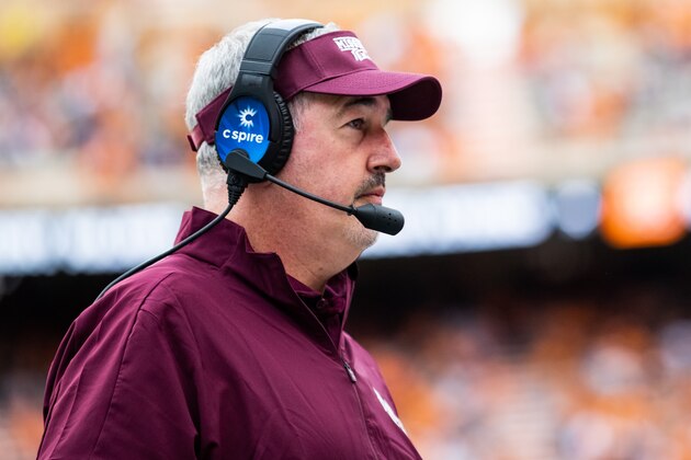 KNOXVILLE, TN - OCTOBER 12: Head coach Joe Moorhead of the Mississippi State Bulldogs looks on during a game against the Tennessee Volunteers at Neyland Stadium on October 12, 2019 in Knoxville, Tennessee. (Photo by Carmen Mandato/Getty Images)
