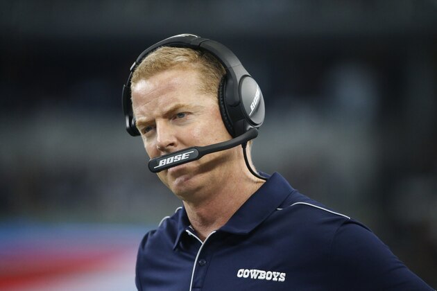 Dallas Cowboys head coach Jason Garrett during an NFL football game against the Washington Redskins in Arlington, Texas, Sunday, Dec. 15, 2019. (AP Photo/Ron Jenkins)