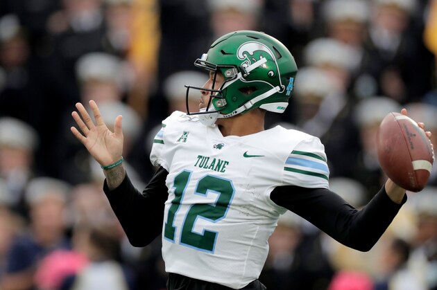 Tulane quarterback Justin McMillan throws a pass against Navy during the first half of an NCAA college football game, Saturday, Oct. 26, 2019, in Annapolis. (AP Photo/Julio Cortez)