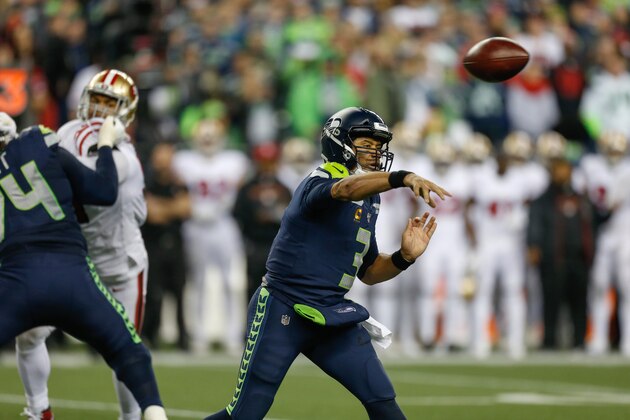 SEATTLE, WA - DECEMBER 29:  Quarterback Russell Wilson #3 of the Seattle Seahawks passes against the San Francisco 49ers at CenturyLink Field on December 29, 2019 in Seattle, Washington.  (Photo by Otto Greule Jr/Getty Images)