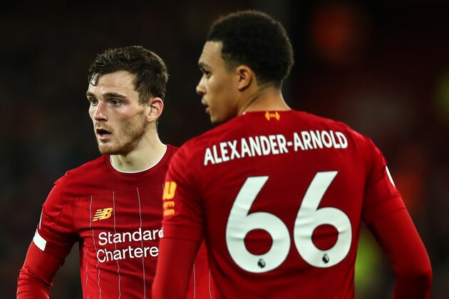 LIVERPOOL, ENGLAND - JANUARY 02: Andy Robertson of Liverpool and Trent Alexander-Arnold of Liverpool during the Premier League match between Liverpool FC and Sheffield United at Anfield on January 2, 2020 in Liverpool, United Kingdom. (Photo by Robbie Jay Barratt - AMA/Getty Images)