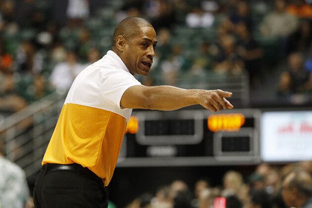 UTEP head coach Rodney Terry points towards his bench during the first half of an NCAA college basketball game against Hawaii Sunday, Dec. 22, 2019, in Honolulu. (AP Photo/Marco Garcia)