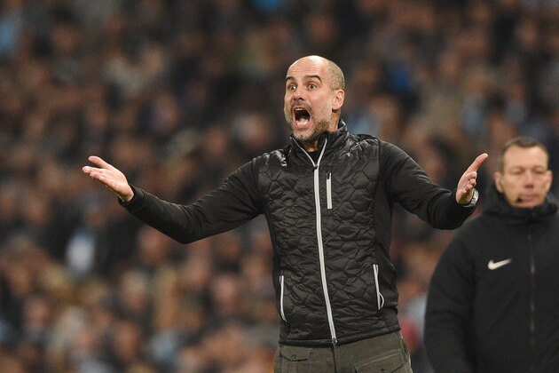 Manchester City's Spanish manager Pep Guardiola gestures on the touchline during the English Premier League football match between Manchester City and Everton at the Etihad Stadium in Manchester, north west England, on January 1, 2020. (Photo by Oli SCARFF / AFP) / RESTRICTED TO EDITORIAL USE. No use with unauthorized audio, video, data, fixture lists, club/league logos or 'live' services. Online in-match use limited to 120 images. An additional 40 images may be used in extra time. No video emulation. Social media in-match use limited to 120 images. An additional 40 images may be used in extra time. No use in betting publications, games or single club/league/player publications. /  (Photo by OLI SCARFF/AFP via Getty Images)