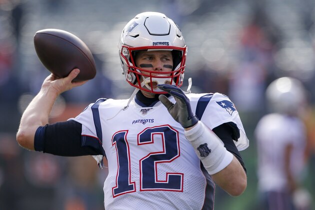 New England Patriots quarterback Tom Brady practices before an NFL football game against the Cincinnati Bengals, Sunday, Dec. 15, 2019, in Cincinnati. (AP Photo/Gary Landers)