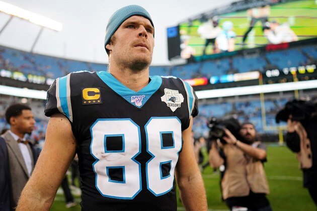 CHARLOTTE, NORTH CAROLINA - DECEMBER 29: Greg Olsen #88 of the Carolina Panthers after their game against the New Orleans Saints at Bank of America Stadium on December 29, 2019 in Charlotte, North Carolina. (Photo by Jacob Kupferman/Getty Images)
