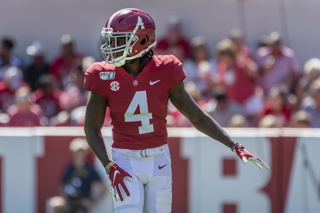 Alabama wide receiver Jerry Jeudy (4) during the first half of an NCAA college football game against Southern Miss, Saturday, Sept. 21, 2019, in Tuscaloosa, Ala. (AP Photo/Vasha Hunt) Alabama wide receiver Jerry Jeudy (4) during the first half of an NCAA college football game against Southern Miss, Saturday, Sept. 21, 2019, in Tuscaloosa, Ala. (AP Photo/Vasha Hunt)