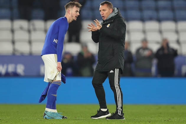 LEICESTER, ENGLAND - DECEMBER 01: James Maddison of Leicester City and Leicester City manager \ head coach Brendan Rodgers during the Premier League match between Leicester City and Everton FC at The King Power Stadium on December 1, 2019 in Leicester, United Kingdom. (Photo by James Williamson - AMA/Getty Images) LEICESTER, ENGLAND - DECEMBER 01: James Maddison of Leicester City and Leicester City manager \ head coach Brendan Rodgers during the Premier League match between Leicester City and Everton FC at The King Power Stadium on December 1, 2019 in Leicester, United Kingdom. (Photo by James Williamson - AMA/Getty Images)