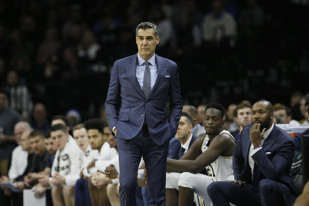Villanova's Jay Wright coaches during an NCAA college basketball game against Kansas, Saturday, Dec. 21, 2019, in Philadelphia. (AP Photo/Matt Slocum)