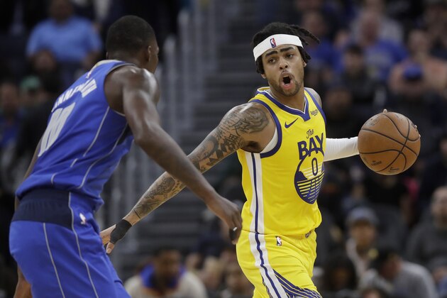 Golden State Warriors guard D'Angelo Russell (0) against the Dallas Mavericks during an NBA basketball game in San Francisco, Saturday, Dec. 28, 2019. (AP Photo/Jeff Chiu)