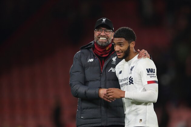 BOURNEMOUTH, ENGLAND - DECEMBER 07: Liverpool manager / head coach Jurgen Klopp and Joe Gomez of Liverpool at full time the Premier League match between AFC Bournemouth and Liverpool FC at Vitality Stadium on December 7, 2019 in Bournemouth, United Kingdom. (Photo by James Williamson - AMA/Getty Images)