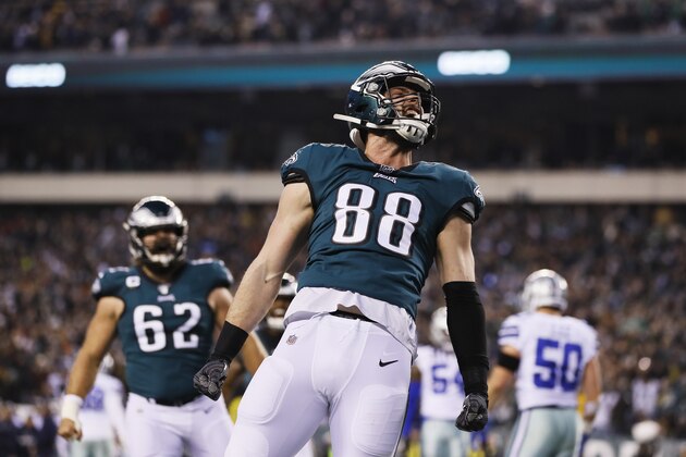 Philadelphia Eagles' Dallas Goedert celebrates after scoring a touchdown during the first half of an NFL football game against the Dallas Cowboys Sunday, Dec. 22, 2019, in Philadelphia. (AP Photo/Michael Perez) Philadelphia Eagles' Dallas Goedert celebrates after scoring a touchdown during the first half of an NFL football game against the Dallas Cowboys Sunday, Dec. 22, 2019, in Philadelphia. (AP Photo/Michael Perez)