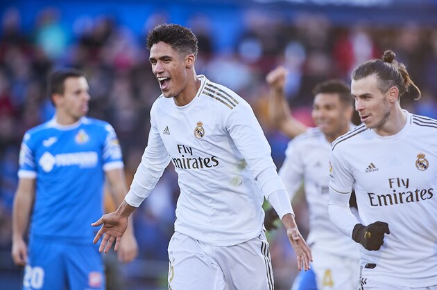 GETAFE, SPAIN - JANUARY 04: Raphael Varane of Real Madrid CF celebrates scoring his team's second goal during the Liga match between Getafe CF and Real Madrid CF at Coliseum Alfonso Perez on January 04, 2020 in Getafe, Spain. (Photo by Quality Sport Images/Getty Images)
