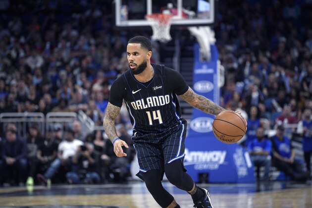 Orlando Magic guard D.J. Augustin (14) drives to the basket during the second half of an NBA basketball game against the Miami Heat Friday, Jan. 3, 2020, in Orlando, Fla. (AP Photo/Phelan M. Ebenhack)