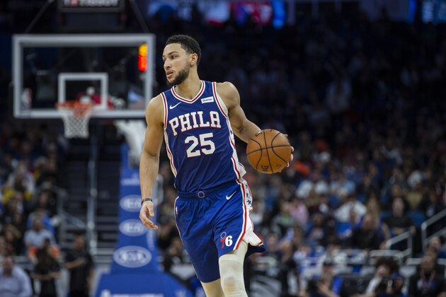 Philadelphia 76ers guard Ben Simmons (25) dribbles the ball down court during the second half of an NBA basketball game against Orlando Magic in Orlando, Fla., Friday, Dec. 27, 2019. (AP Photo/Willie J. Allen Jr.)
