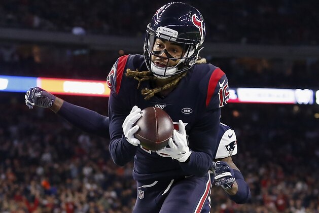 HOUSTON, TX - DECEMBER 01:  Will Fuller #15 of the Houston Texans looks to catch a pass in the end zone in the second half against the New England Patriots at NRG Stadium on December 1, 2019 in Houston, Texas.  (Photo by Tim Warner/Getty Images)