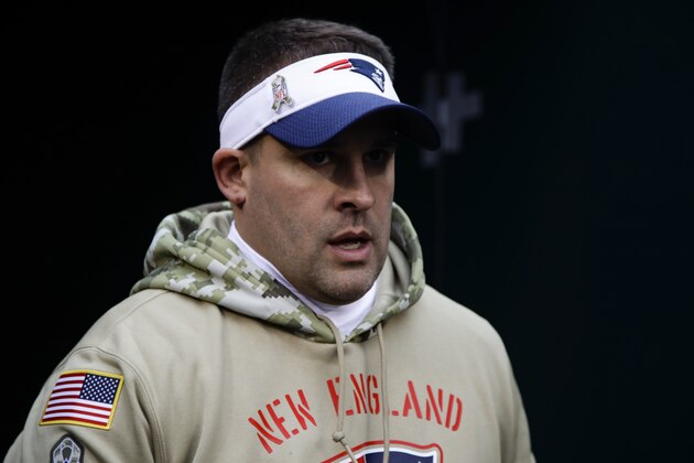 New England Patriots' Josh McDaniels walks onto the field before an NFL football game against the Philadelphia Eagles, Sunday, Nov. 17, 2019, in Philadelphia. (AP Photo/Matt Rourke)