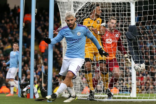 MANCHESTER, ENGLAND - JANUARY 04: Sergio Aguero of Manchester City celebrates after scoring his team's second goal during the FA Cup Third Round match between Manchester City and Port Vale at Etihad Stadium on January 04, 2020 in Manchester, England. (Photo by Alex Livesey/Getty Images)