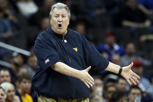 KANSAS CITY, MISSOURI - MARCH 13:  Head coach Bob Huggins of the West Virginia Mountaineers coaches from the bench during the first round game of the Big 12 Basketball Tournament against the Oklahoma Sooners at the Sprint Center on March 13, 2019 in Kansas City, Missouri. (Photo by Jamie Squire/Getty Images)