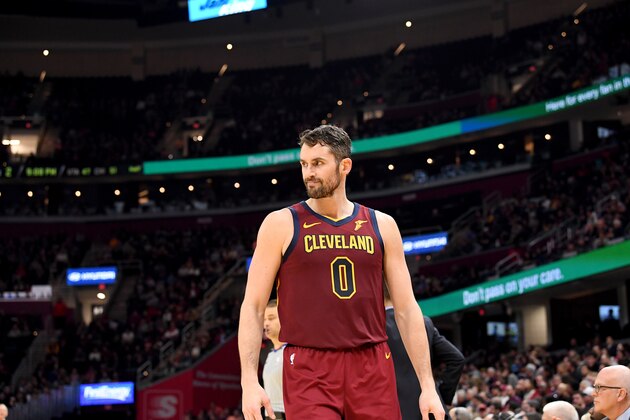 CLEVELAND, OHIO - JANUARY 02: Kevin Love #0 of the Cleveland Cavaliers reacts during the second half against the Charlotte Hornets at Rocket Mortgage Fieldhouse on January 02, 2020 in Cleveland, Ohio. The Hornets defeated the Cavaliers 109-106. NOTE TO USER: User expressly acknowledges and agrees that, by downloading and/or using this photograph, user is consenting to the terms and conditions of the Getty Images License Agreement. (Photo by Jason Miller/Getty Images)