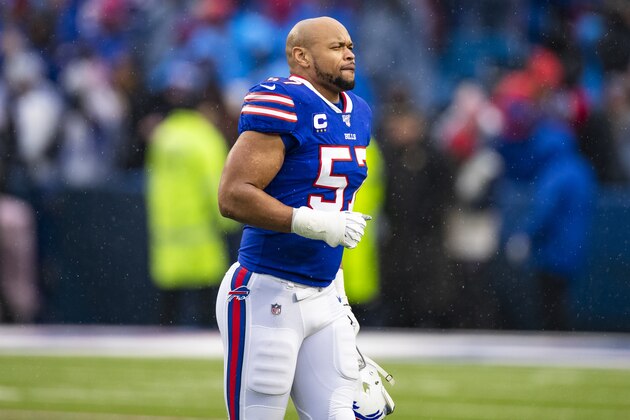 ORCHARD PARK, NY - DECEMBER 29:  Lorenzo Alexander #57 of the Buffalo Bills runs on the field before the game against the New York Jets at New Era Field on December 29, 2019 in Orchard Park, New York. New York defeats Buffalo 13-6.  (Photo by Brett Carlsen/Getty Images)