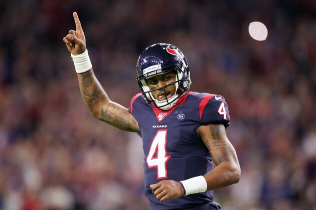 HOUSTON, TEXAS - JANUARY 04:  Deshaun Watson #4 of the Houston Texans celebrates a touchdown pass against the Buffalo Bills during the fourth quarter of the AFC Wild Card Playoff game at NRG Stadium on January 04, 2020 in Houston, Texas. (Photo by Christian Petersen/Getty Images)