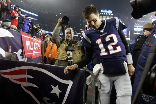 New England Patriots quarterback Tom Brady leaves the field after losing an NFL wild-card playoff football game to the Tennessee Titans, Saturday, Jan. 4, 2020, in Foxborough, Mass. (AP Photo/Bill Sikes)