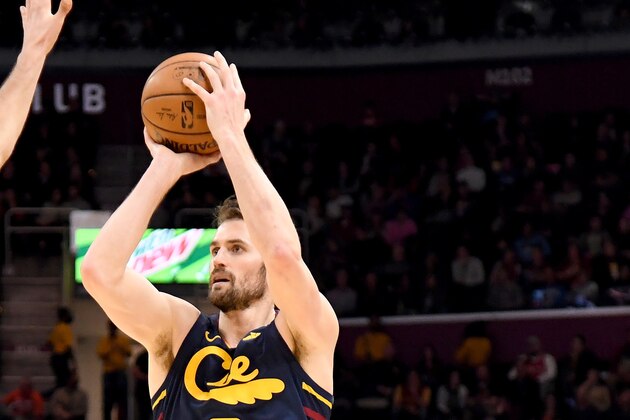 CLEVELAND, OHIO - JANUARY 04: Kevin Love #0 of the Cleveland Cavaliers shoots during the second half at Rocket Mortgage Fieldhouse on January 04, 2020 in Cleveland, Ohio. The Thunder defeated the Cavaliers 121-106. NOTE TO USER: User expressly acknowledges and agrees that, by downloading and/or using this photograph, user is consenting to the terms and conditions of the Getty Images License Agreement. (Photo by Jason Miller/Getty Images)