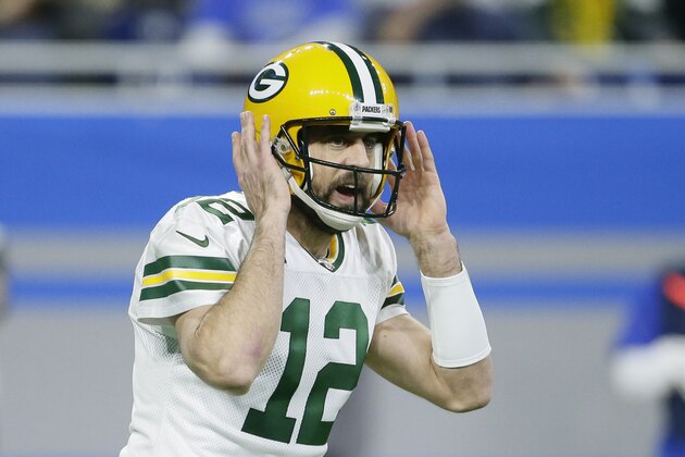 Green Bay Packers quarterback Aaron Rodgers signals during the first half of an NFL football game against the Detroit Lions, Sunday, Dec. 29, 2019, in Detroit. (AP Photo/Duane Burleson)