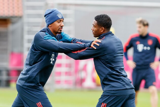 MUNICH, GERMANY - NOVEMBER 05: Jerome Boateng of FC Bayern Muenchen, David Alaba of FC Bayern Muenchen looks on at Saebener Strasse training ground on November 5, 2019 in Munich, Germany. FC Bayern Muenchen will face Olympiacos FC during the UEFA Champions League group B match on November 6, 2019. (Photo by TF-Images/Getty Images)