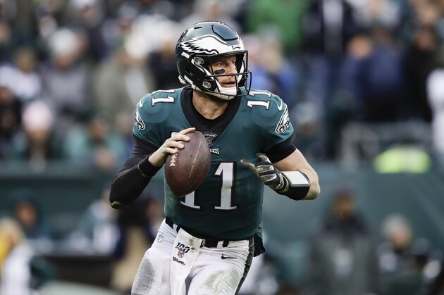 Philadelphia Eagles quarterback Carson Wentz in action during an NFL football game against the Seattle Seahawks, Sunday, Nov. 24, 2019, in Philadelphia. (AP Photo/Matt Rourke)
