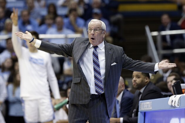 North Carolina coach Roy Williams reacts during the first half of the team's NCAA college basketball game against Georgia Tech in Chapel Hill, N.C., Saturday, Jan. 4, 2020. (AP Photo/Gerry Broome)