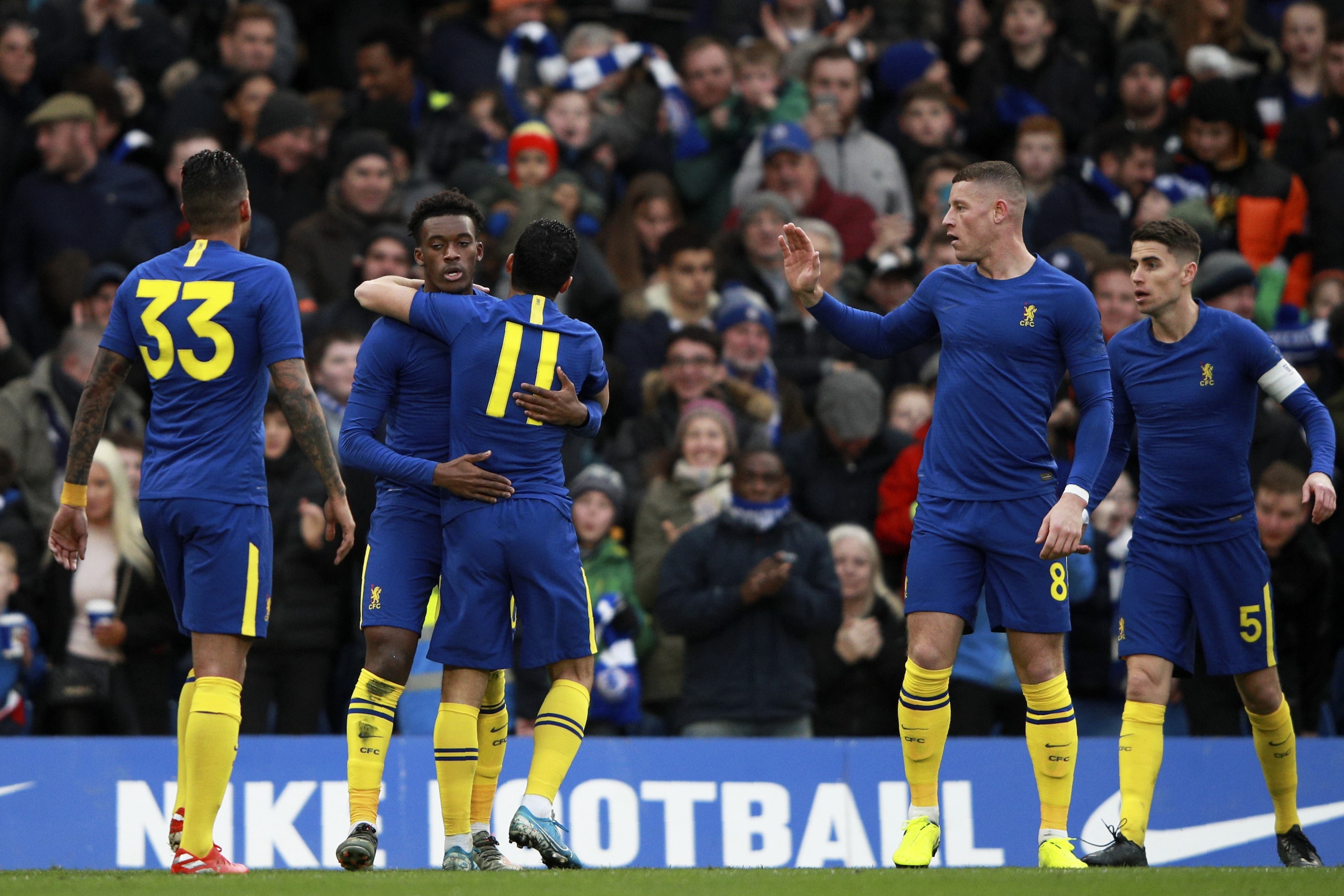 Chelsea's Callum Hudson-Odoi, 2nd left, celebrates after scoring the opening goal during an English FA Cup third round soccer match between Chelsea and Nottingham Forest at Stamford Bridge in London, Sunday, Jan. 5, 2020. (AP Photo/Ian Walton)