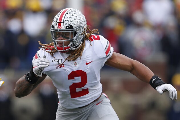Ohio State defensive end Chase Young plays against Michigan in the first half of an NCAA college football game in Ann Arbor, Mich., Saturday, Nov. 30, 2019. (AP Photo/Paul Sancya)