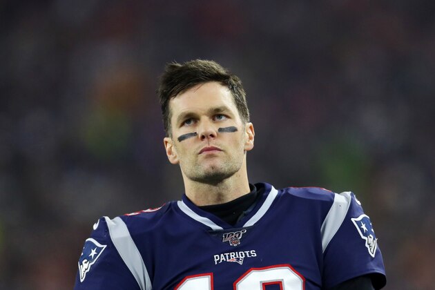 FOXBOROUGH, MASSACHUSETTS - JANUARY 04: Tom Brady #12 of the New England Patriots looks on during the the AFC Wild Card Playoff game against the Tennessee Titans at Gillette Stadium on January 04, 2020 in Foxborough, Massachusetts. (Photo by Maddie Meyer/Getty Images)