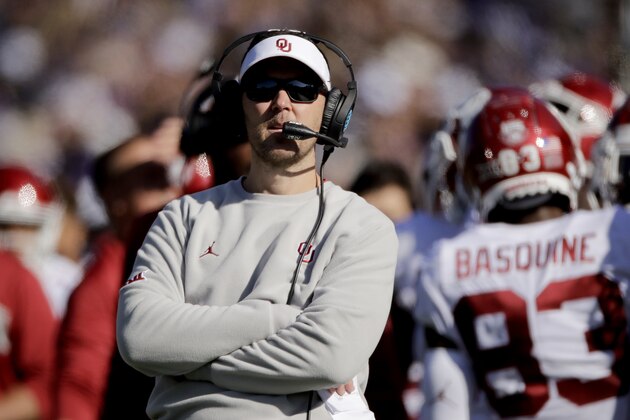 Oklahoma head coach Lincoln Riley watches during the first half of an NCAA college football game against Kansas State, Saturday, Oct. 26, 2019, in Manhattan, Kan. (AP Photo/Charlie Riedel)